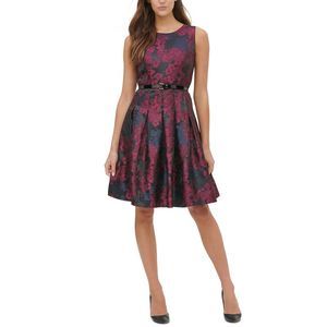 Tommy Hilfiger Women's Petite Belted Jacquard Fit & Flare Dress Wine Size 8